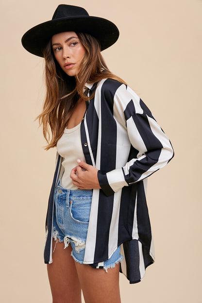 Striped Dropped Shoulder Button Up Shirt