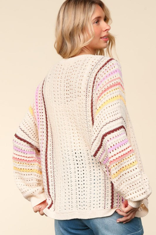 Full Size Striped Crochet Open Front Cardigan