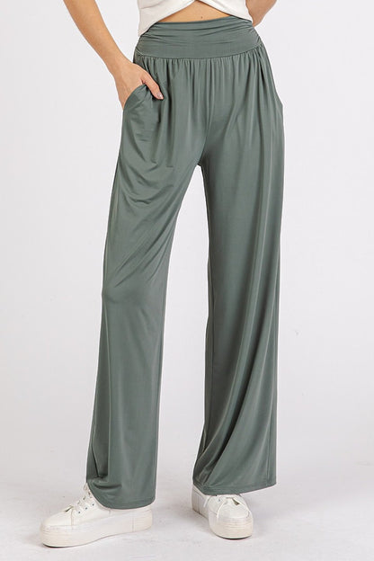 Stretch Banded Waist Wide Leg Pants with Pockets