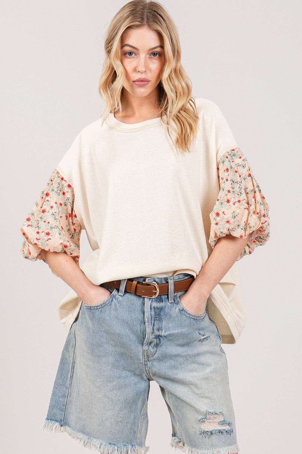 Round Neck Bubble Sleeve Oversize Top