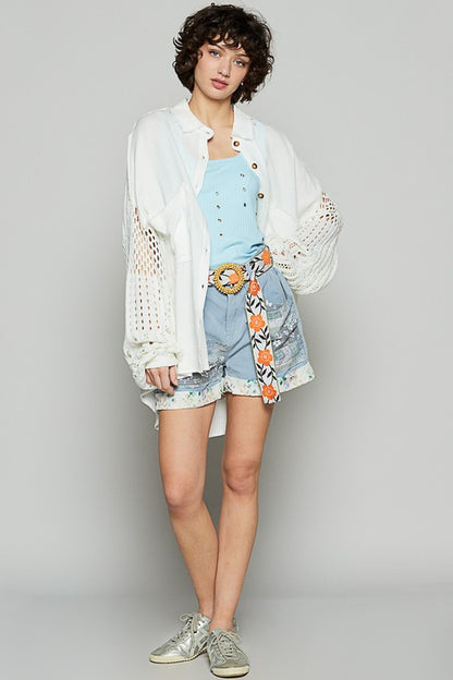 Openwork Lantern Sleeve Button Down Gauze Shirt