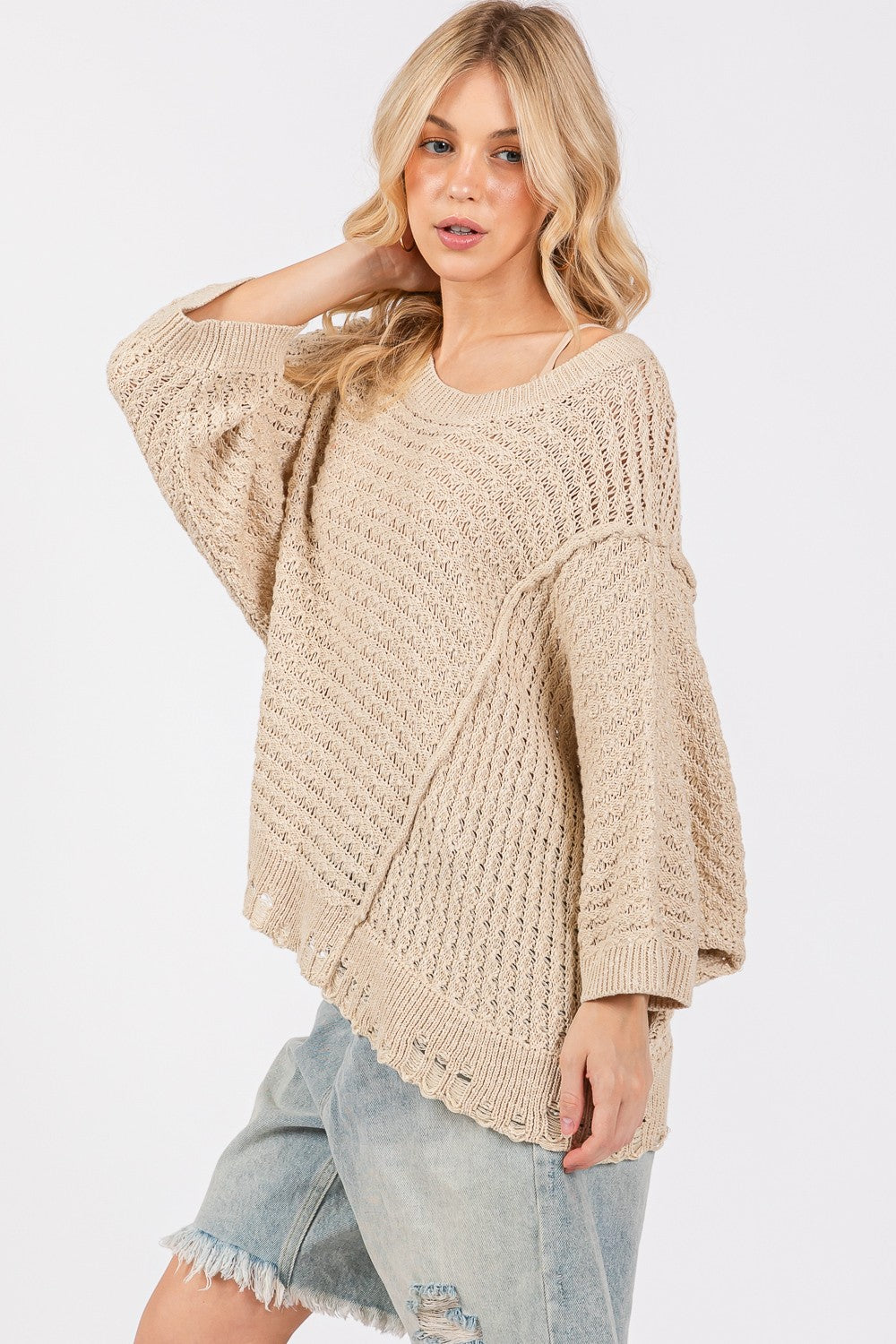 Distressed Asymmetrical Open Stitch Sweater