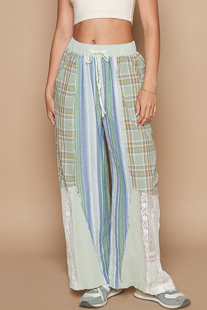 Drawstring Plaid Print Lace Straight Pants