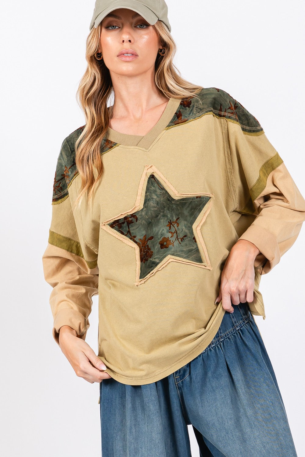 Star Patch Long Sleeve Color Block T-Shirt