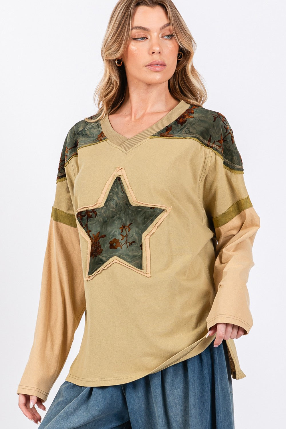 Star Patch Long Sleeve Color Block T-Shirt