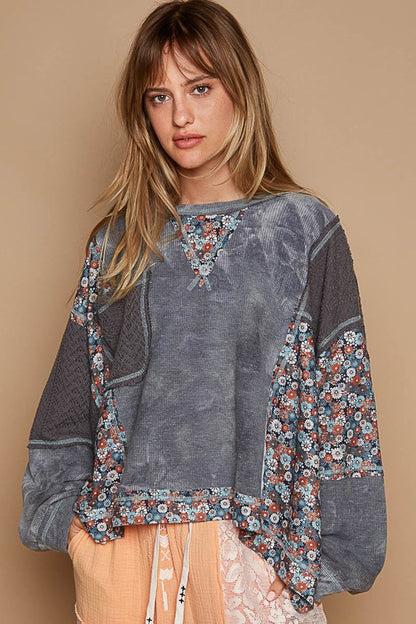 Floral Patchwork Round Neck Knit Top