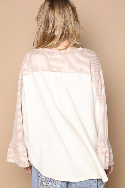 Striped Flounce Sleeve Exposed Seam Top