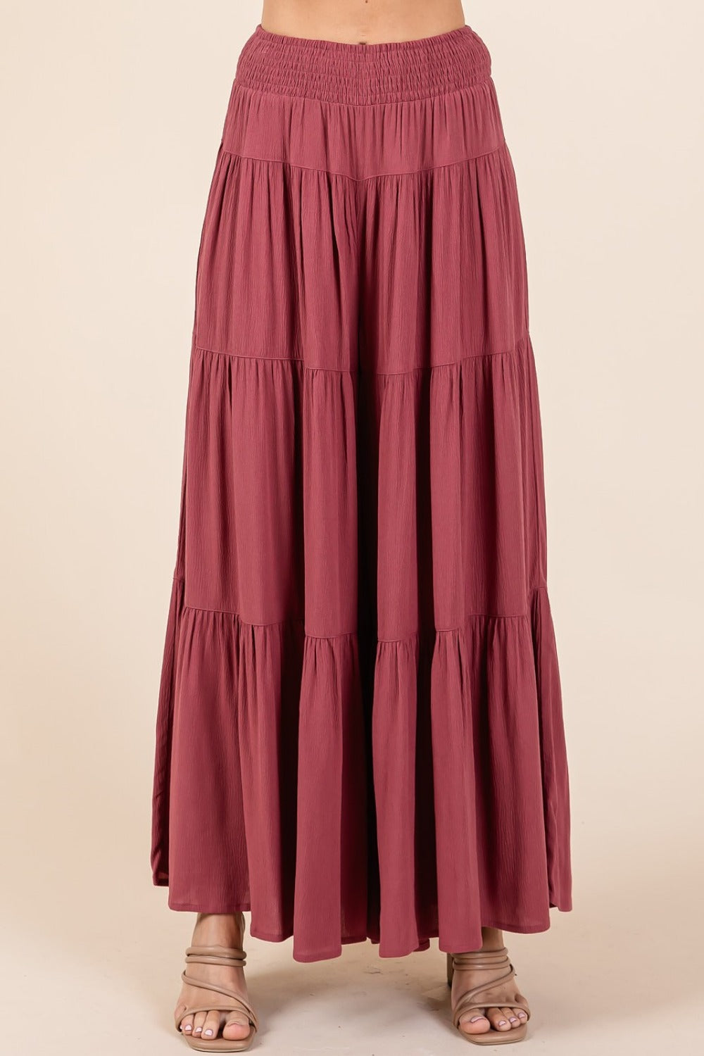 Tier Detail Smocked Elastic Waist Wide Leg Pants