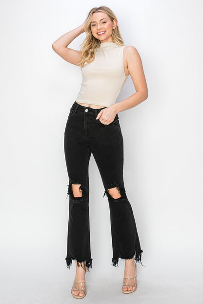 RISEN Full Size Distressed Raw Hem Flare Jeans with Pockets