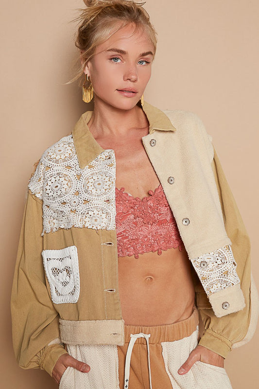 Crochet Patch Exposed Seam Button Up Jacket