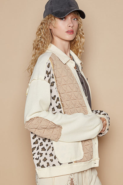 Leopard Exposed Seam Button Up Quilted Jacket