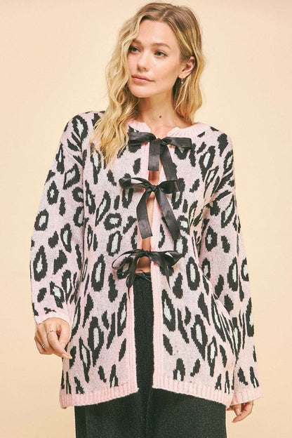 Leopard Ribbon Tie Front Loose Fit Cardigan