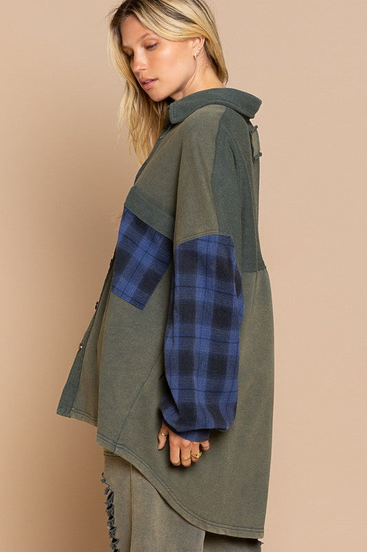 Long Sleeve With Plaid Detail Sleeve Shacket