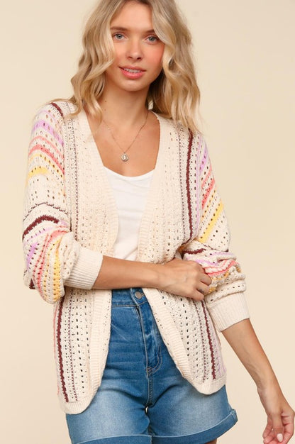 Full Size Striped Crochet Open Front Cardigan