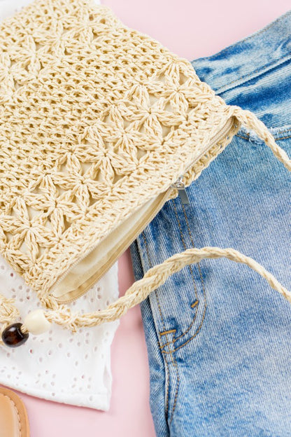 Woven Straw Tassel Accent Crossbody Bag