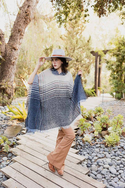 Herringbone Tweed Hooded Frayed Edge Poncho