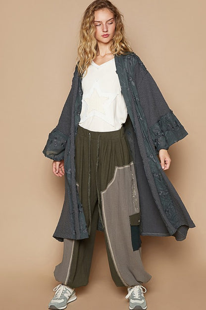 Flower Lace Trim Open Front Longline Cardigan