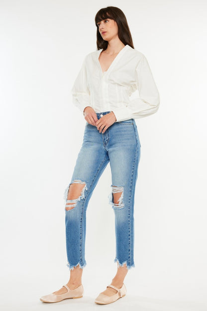 Kancan Distressed Frayed Hem Cropped Straight Jeans