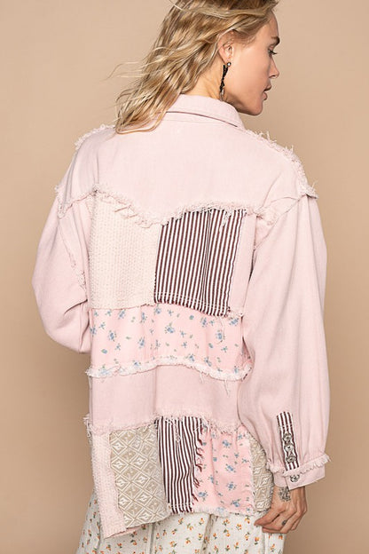 Raw Hem Patchwork Dropped Shoulder Jacket