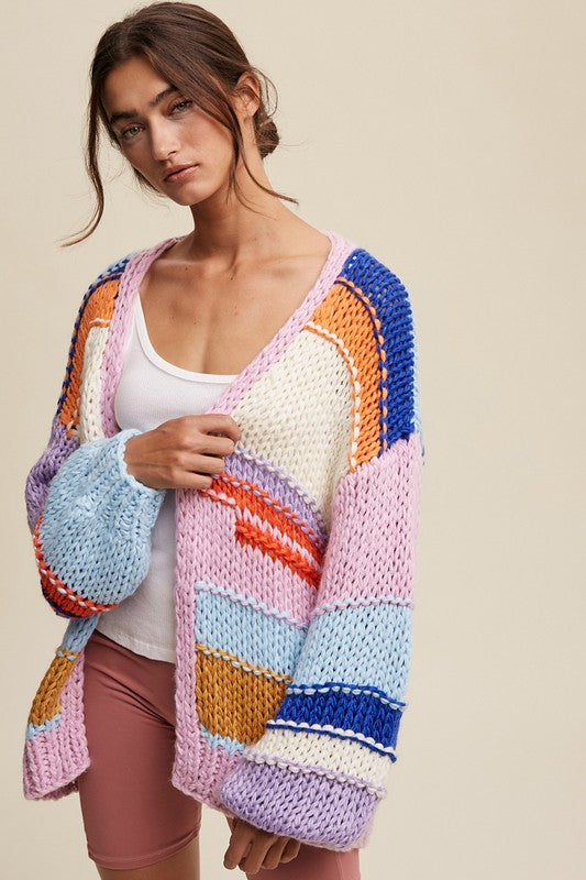 Rainbow Wave Hand Knit Multi Striped Cardigan