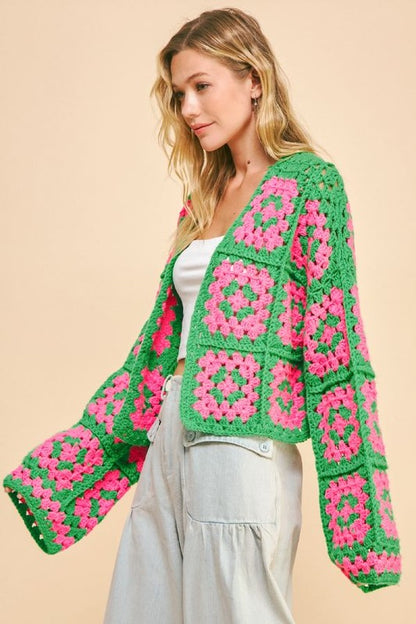 Full Size Two Tone Flower Square Crochet Open Front Cardigan