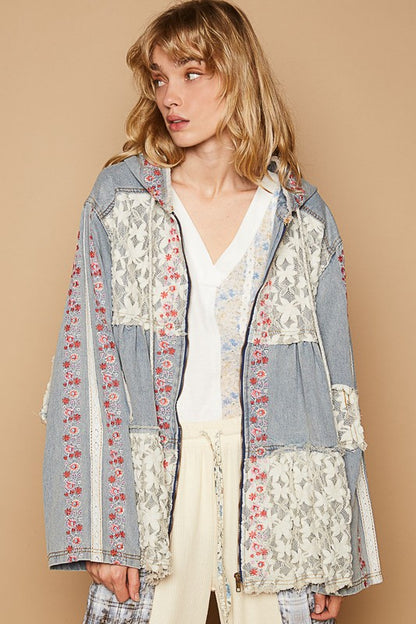 Embroidered Lace Patch Zip Up Hooded Jacket