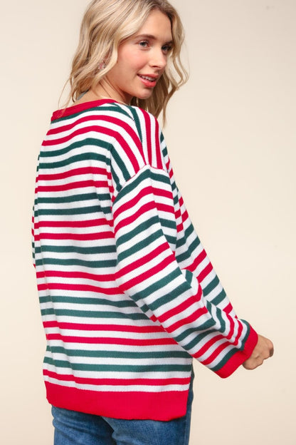 Full Size Striped Contrast Side Slit Knit Top