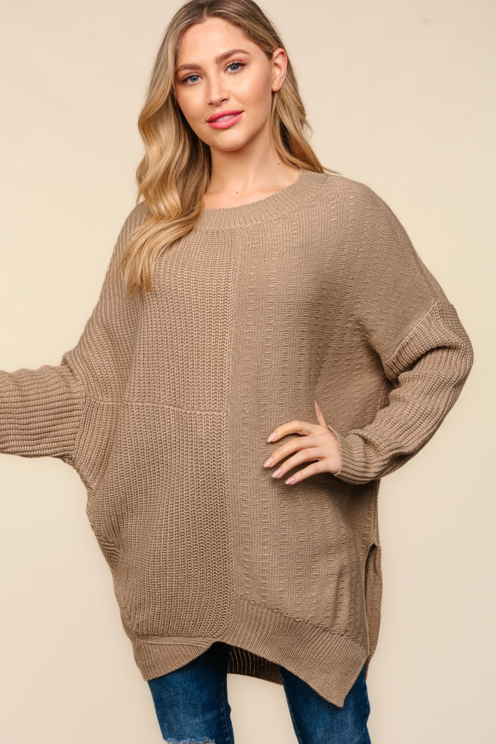 Full Size Side Slit Texture Asymmetric Sweater