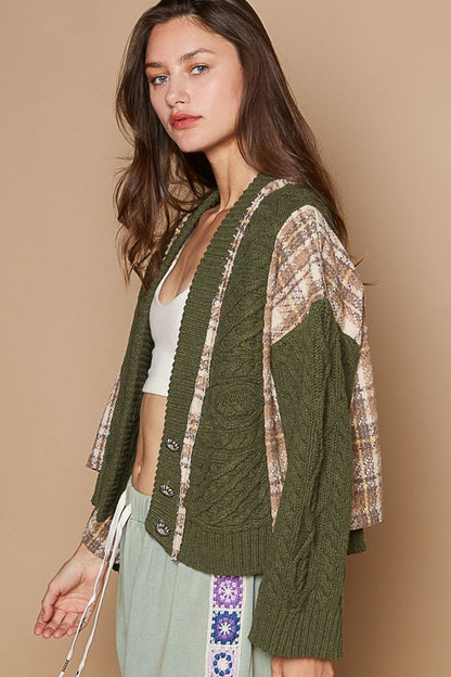 Cable-Knit Plaid V-Neck Button Up Cardigan