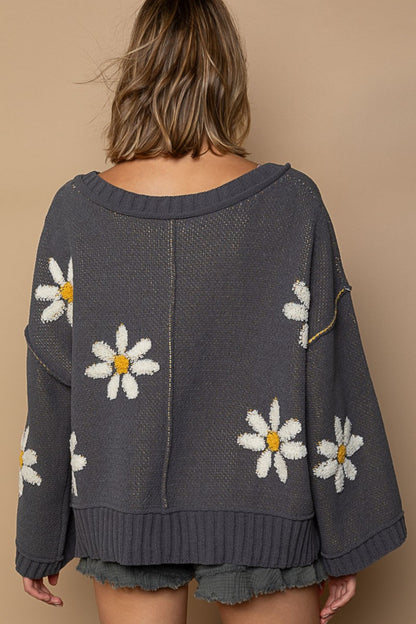 V-Neck Floral Pattern Chenille Sweater