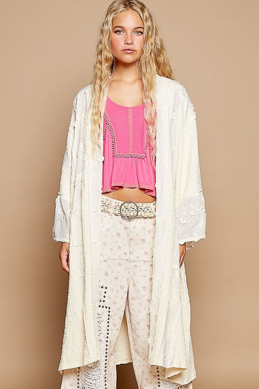 Flower Lace Trim Open Front Longline Cardigan