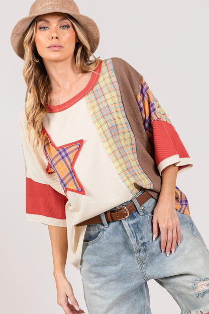 Round Neck Plaid Star Patch T-Shirt