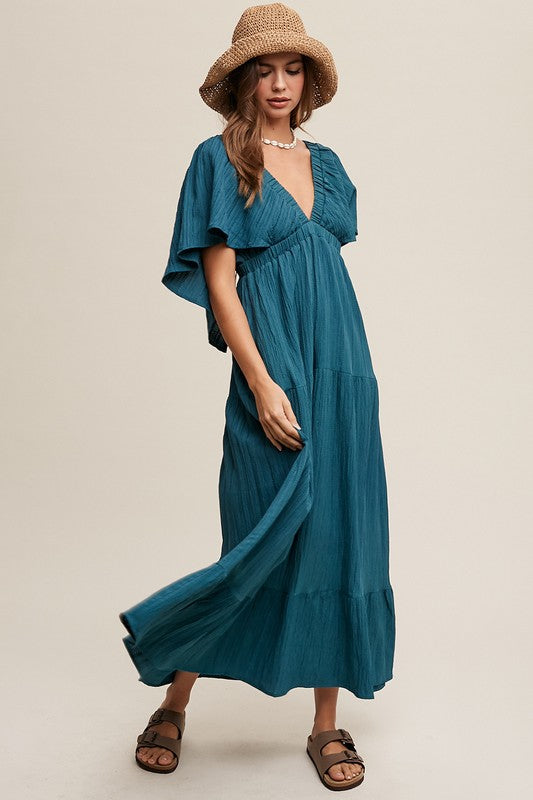 V-neck Ruffle Sleeve Flowy Maxi Dress