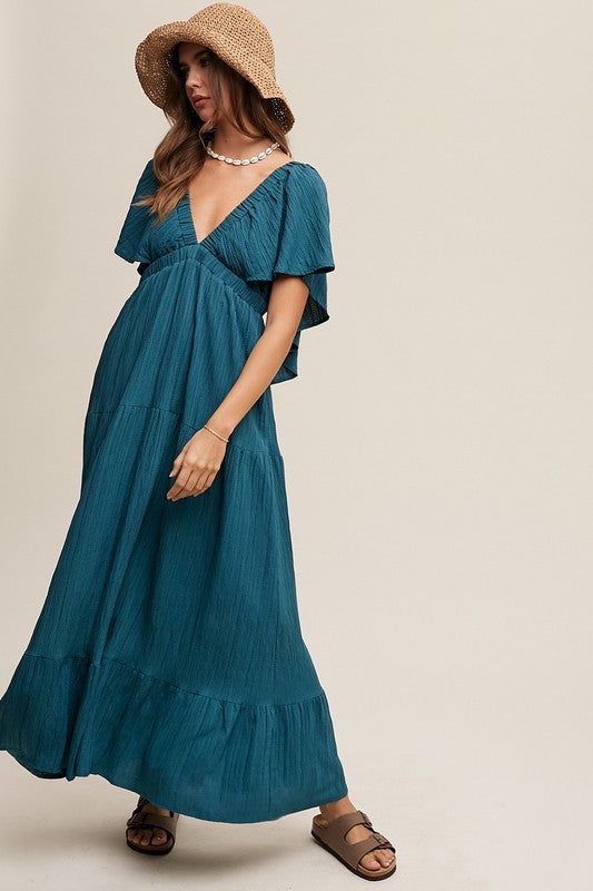 V-neck Ruffle Sleeve Flowy Maxi Dress