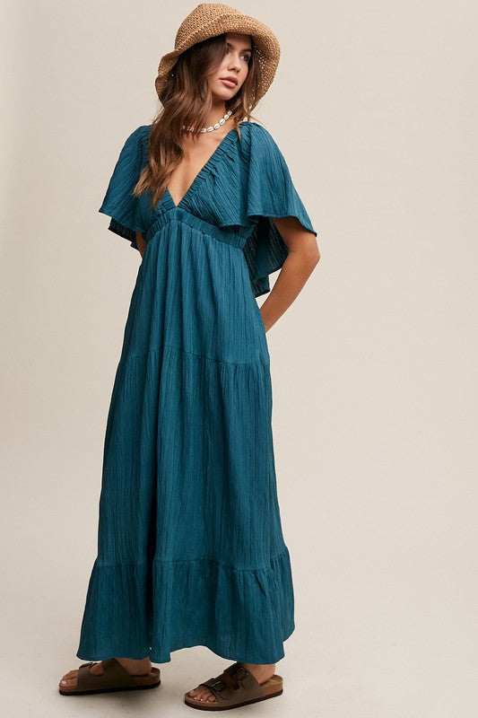 V-neck Ruffle Sleeve Flowy Maxi Dress