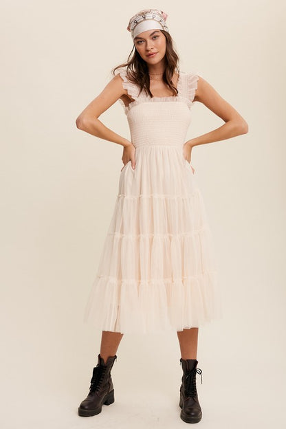 Ruffle Reverie Tiered Mesh Midi Dress