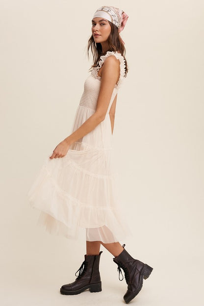 Ruffle Reverie Tiered Mesh Midi Dress