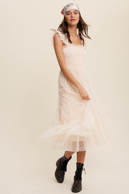 Ruffle Reverie Tiered Mesh Midi Dress