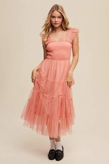 Ruffle Reverie Tiered Mesh Midi Dress