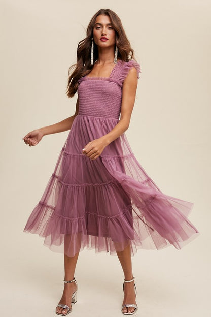 Ruffle Reverie Tiered Mesh Midi Dress