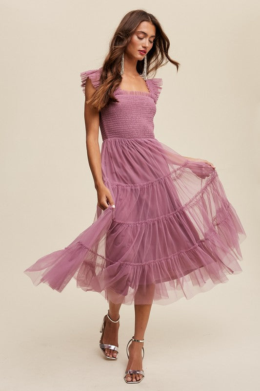 Ruffle Reverie Tiered Mesh Midi Dress