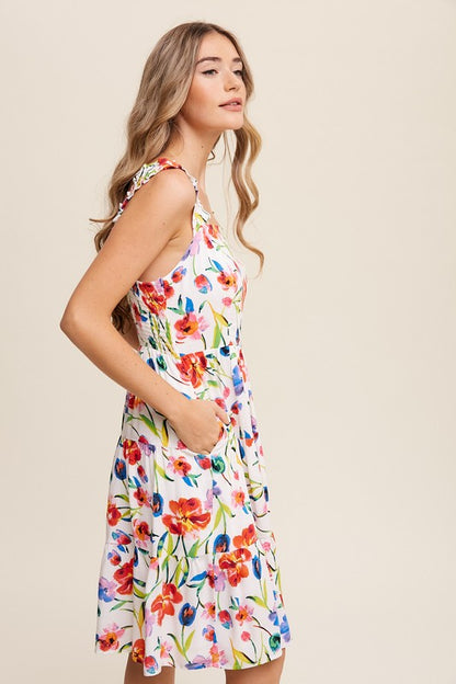 Flower Print Square Neck Midi Dress