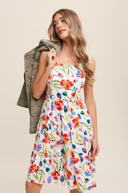 Flower Print Square Neck Midi Dress