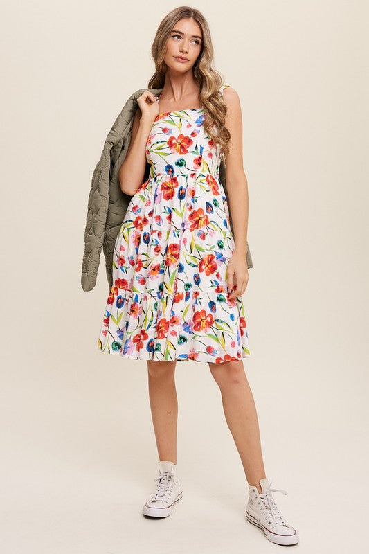 Flower Print Square Neck Midi Dress