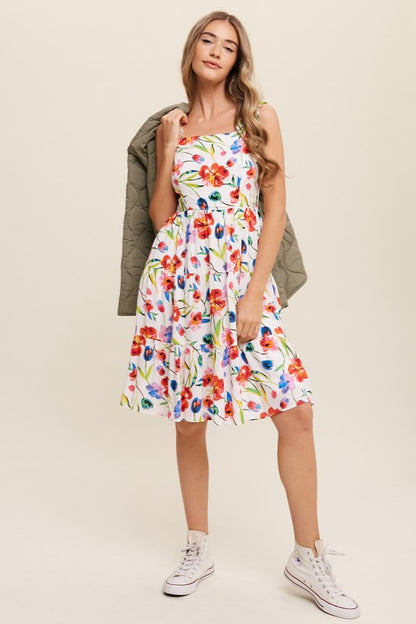 Flower Print Square Neck Midi Dress