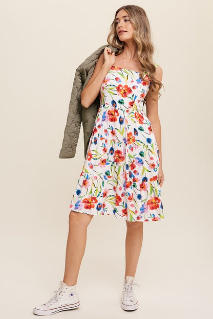 Flower Print Square Neck Midi Dress