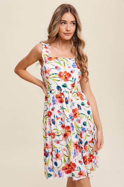 Flower Print Square Neck Midi Dress