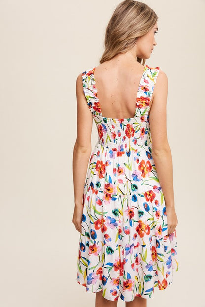 Flower Print Square Neck Midi Dress