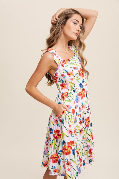 Flower Print Square Neck Midi Dress