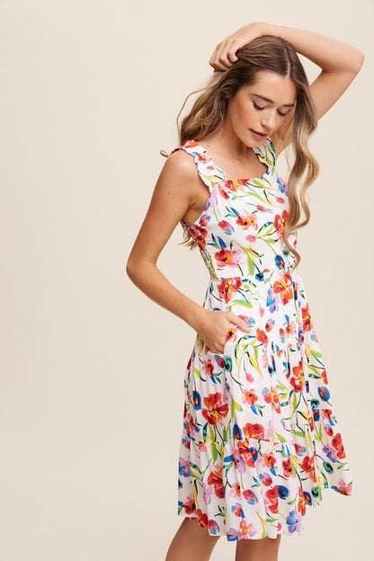 Flower Print Square Neck Midi Dress